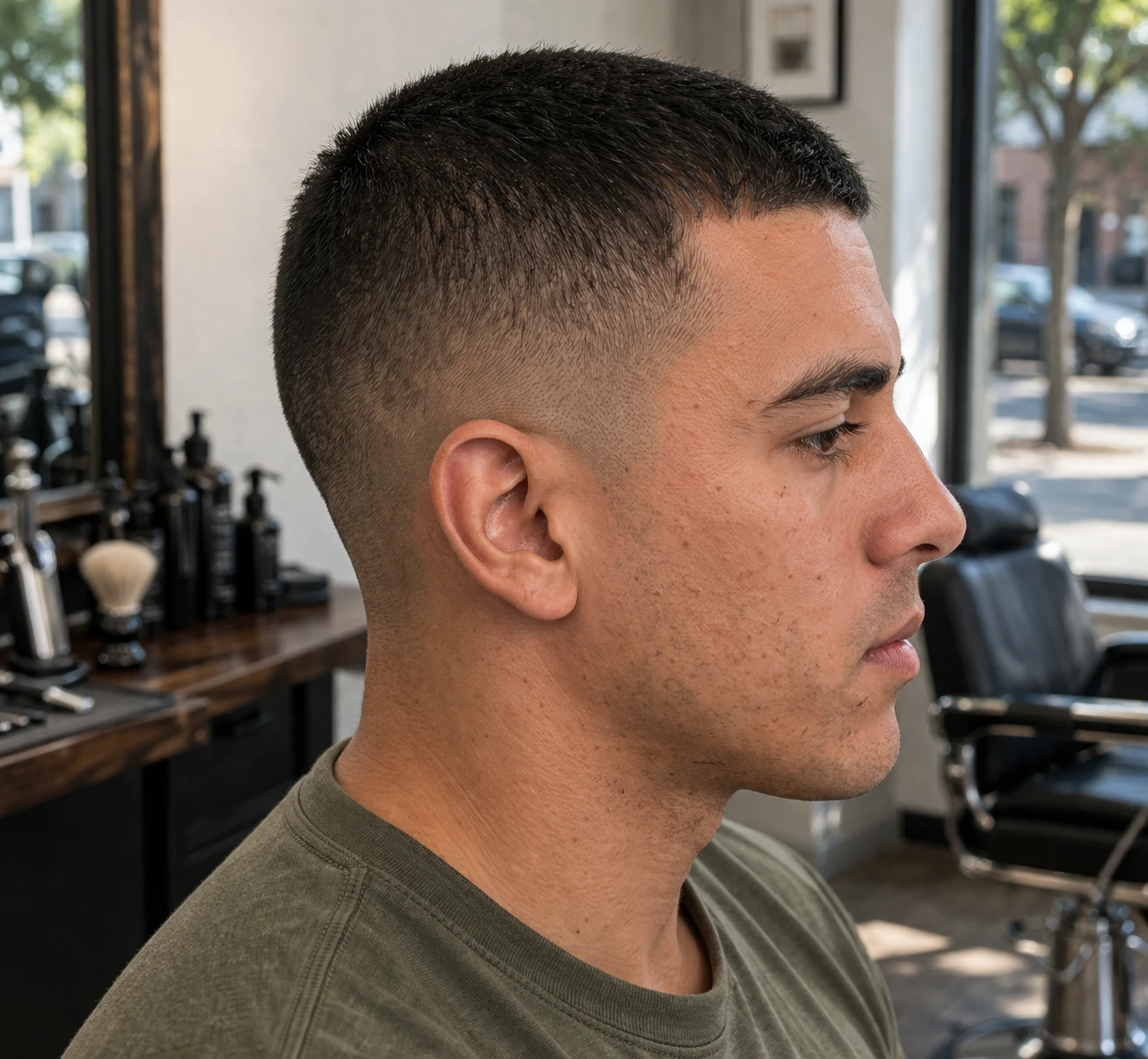 Military Cut haircut side profile showing shape, taper, and layer flow.