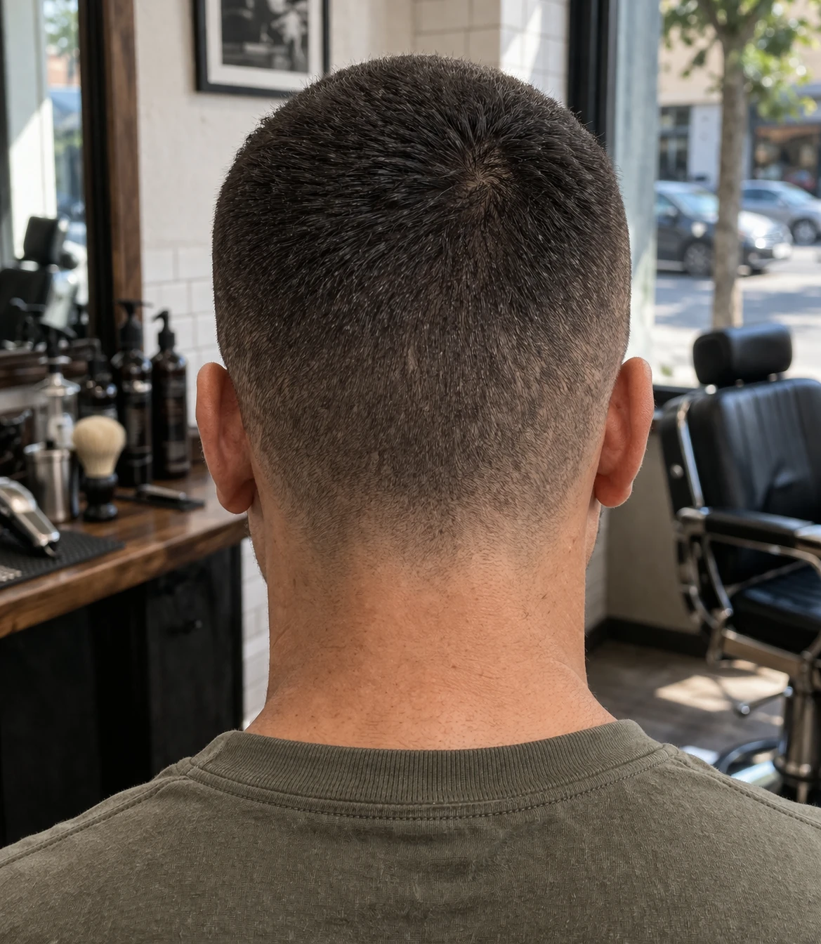 Military Cut haircut back profile with crown structure and neckline detail.