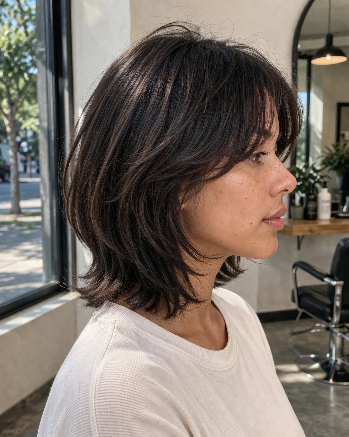 Mod Cut haircut side profile showing shape, taper, and layer flow.