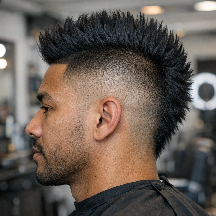 Mohawk fade side profile showing ridge elevation and side fade.