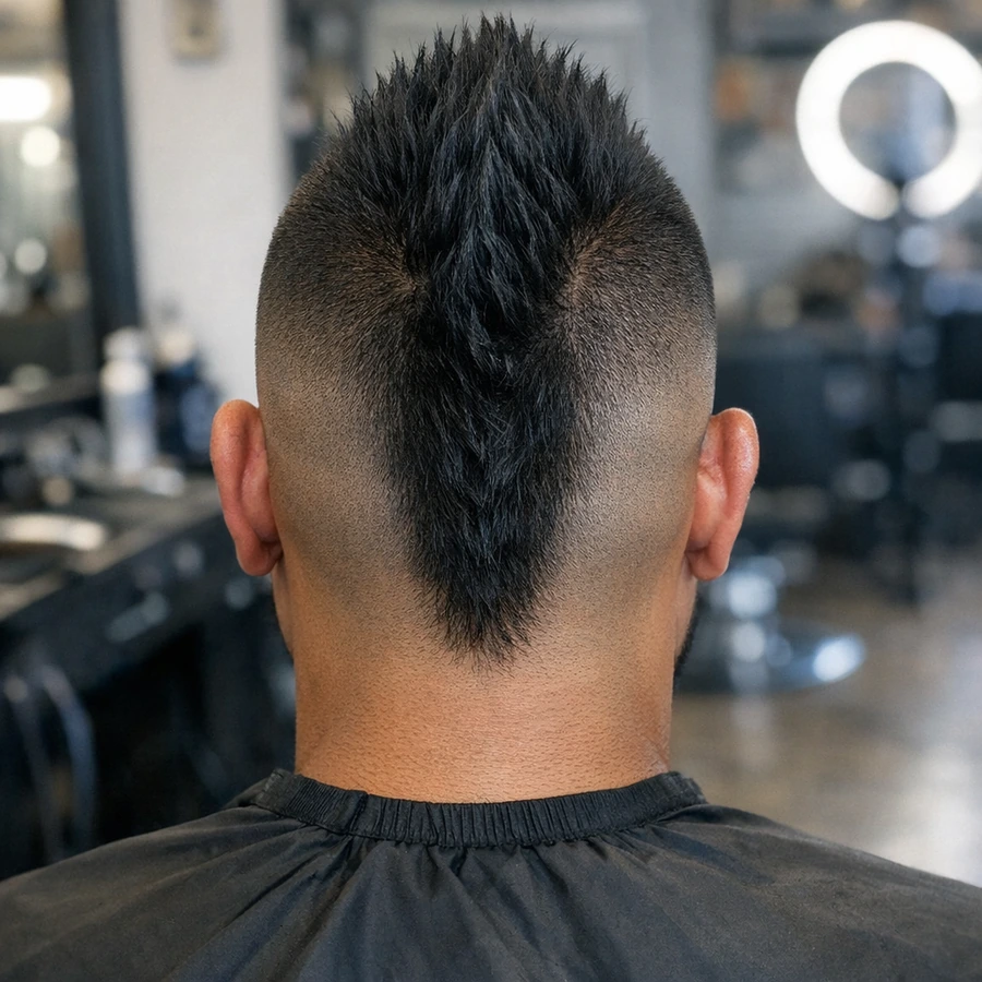Mohawk fade back profile with center strip taper through crown.