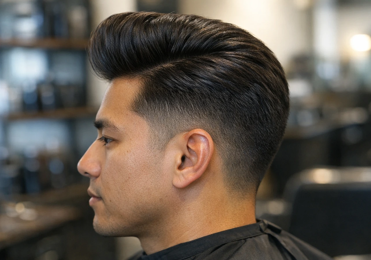 Pompadour haircut side profile showing lifted front and side taper.