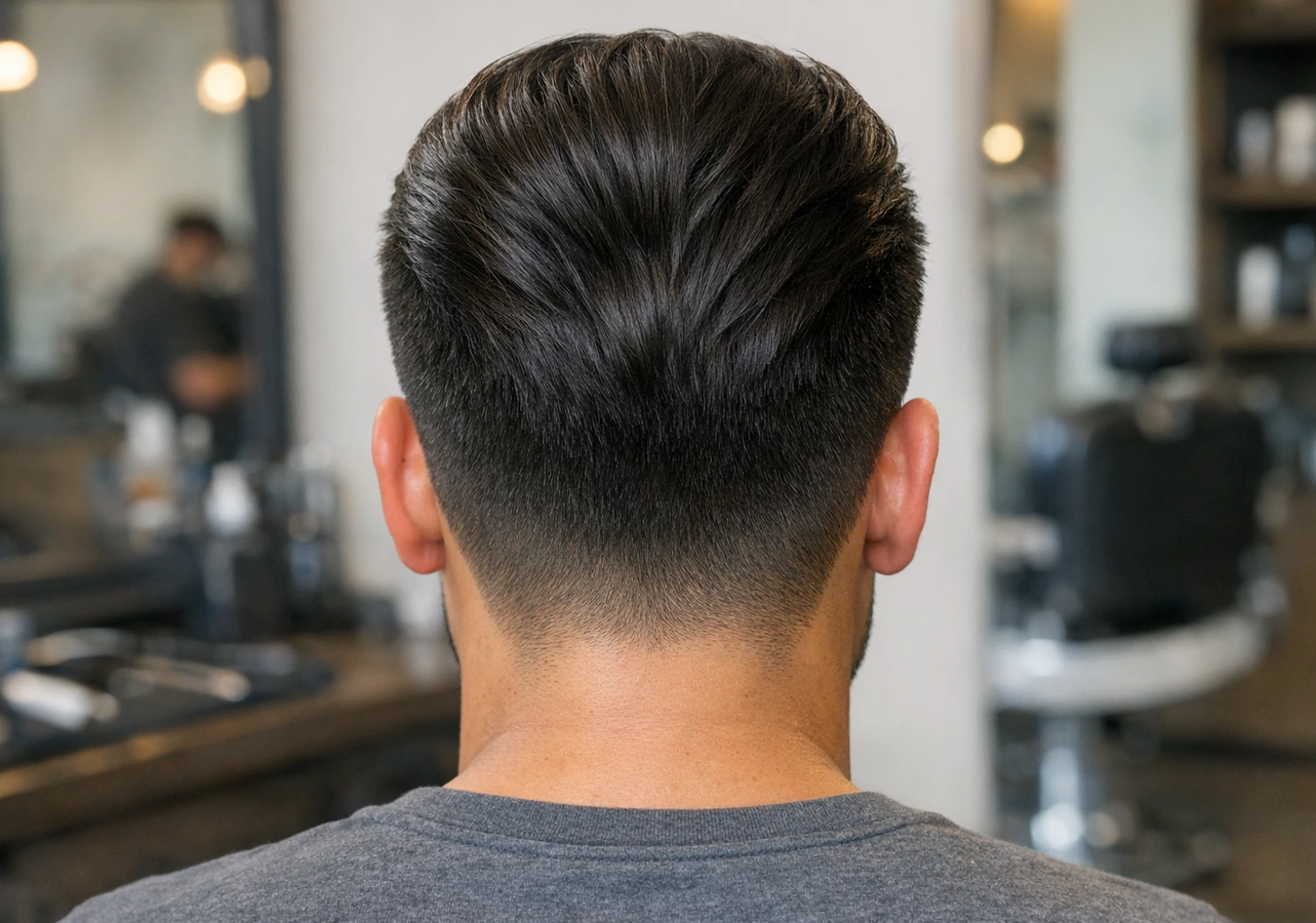 Pompadour haircut back profile with clean nape and crown contour.