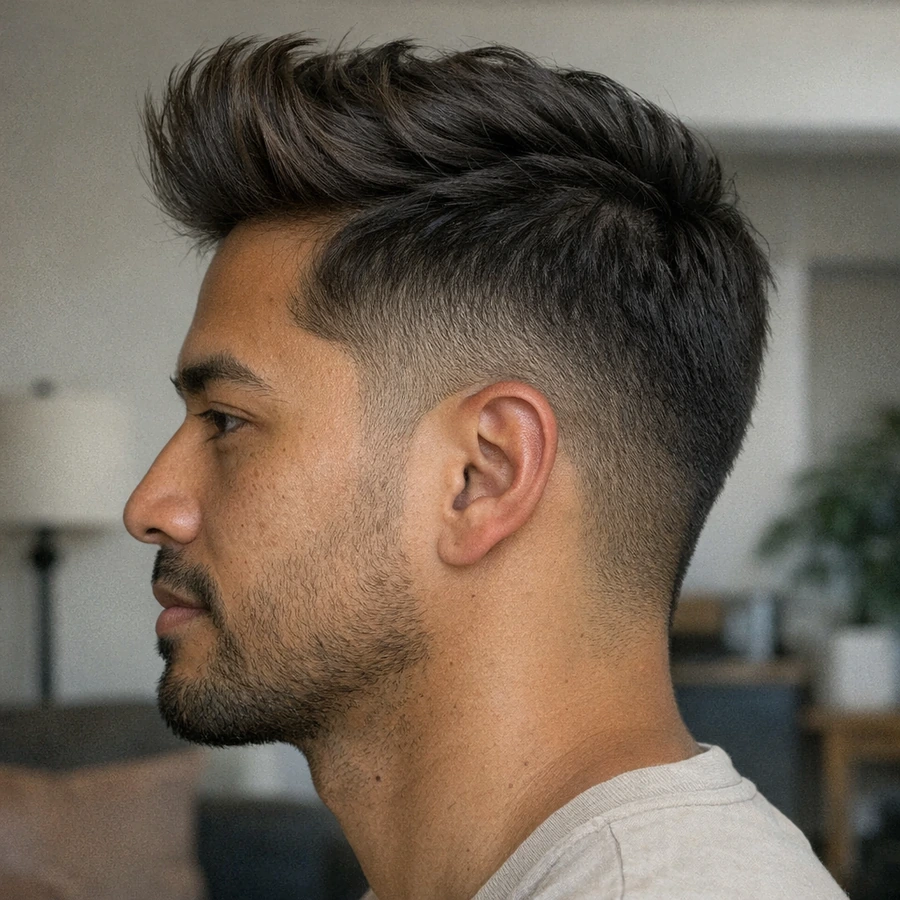 Quiff haircut side profile with faded sides and textured top.