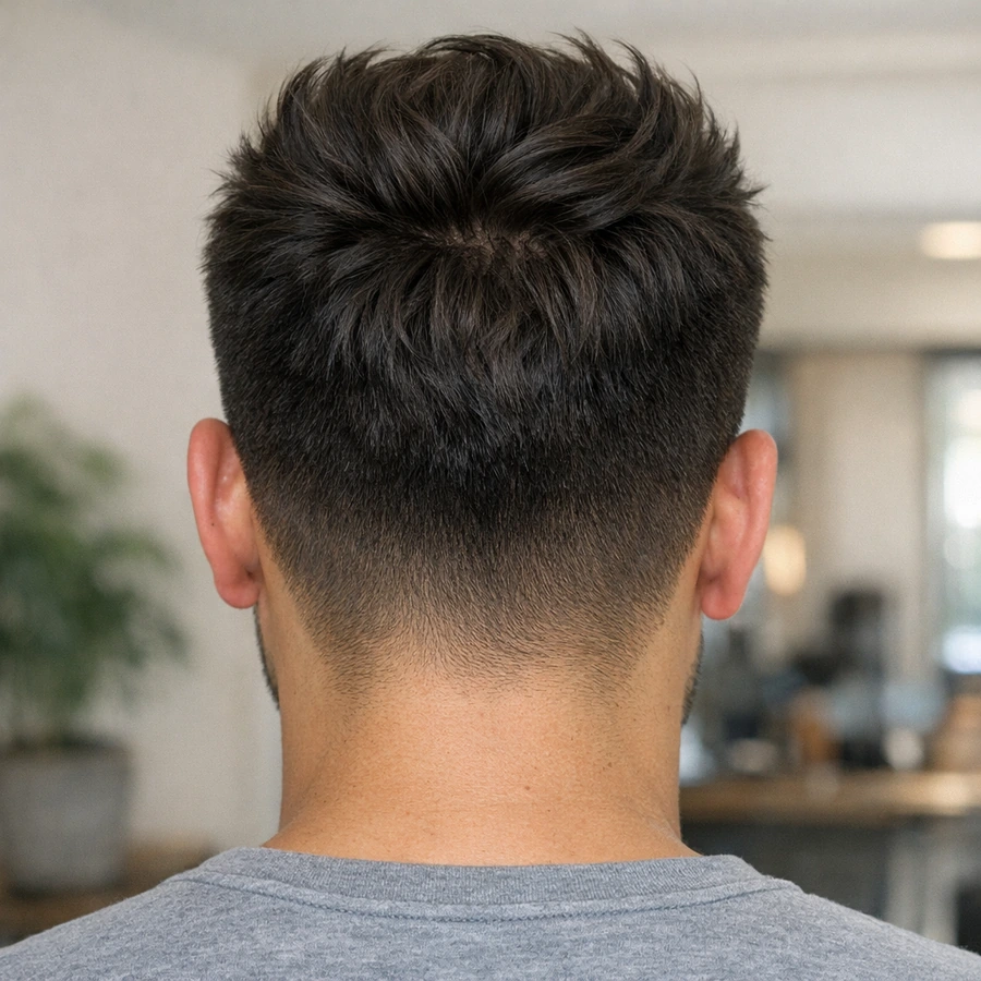 Quiff haircut back profile with contour through crown.