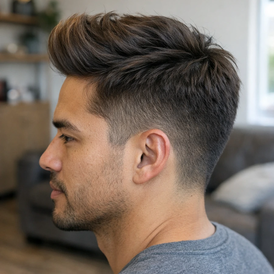 Quiff haircut three-quarter angle showing height and flow.