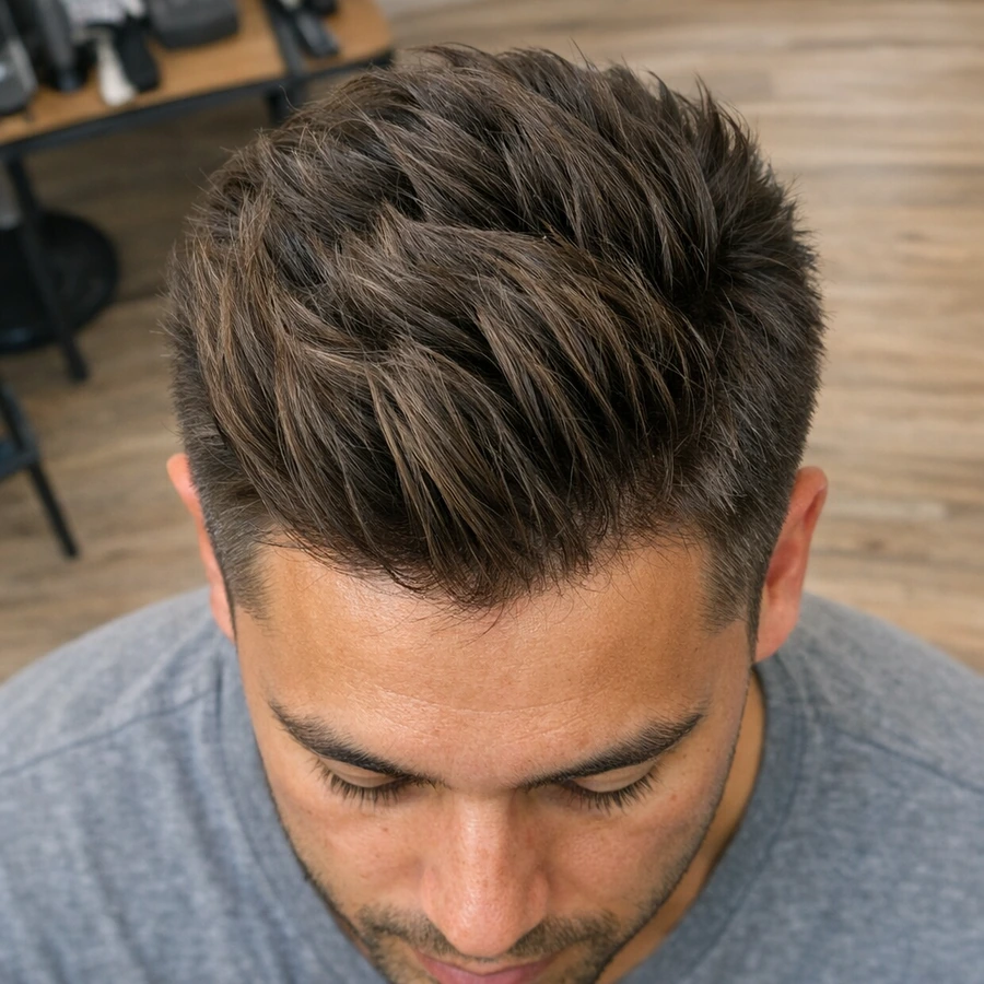 Quiff haircut top view showing texture distribution.