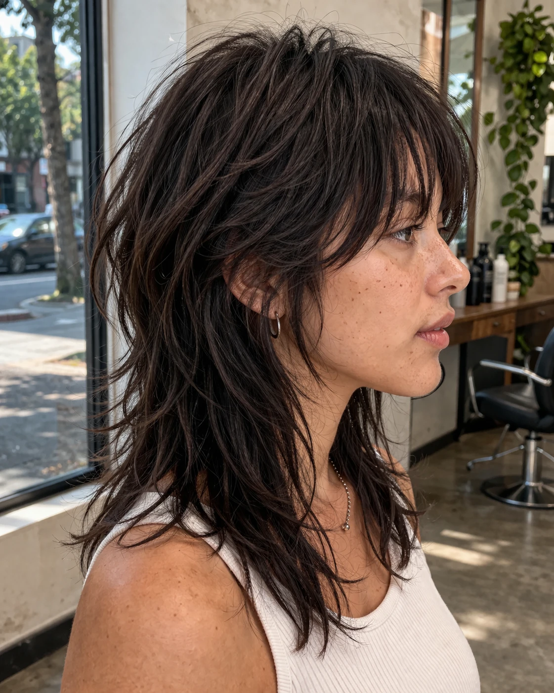Shag Cut haircut side profile showing shape, taper, and layer flow.