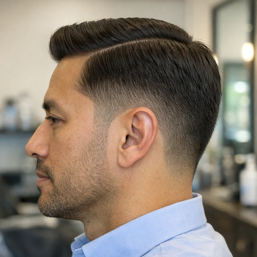 Side part haircut side profile with combed direction and taper.