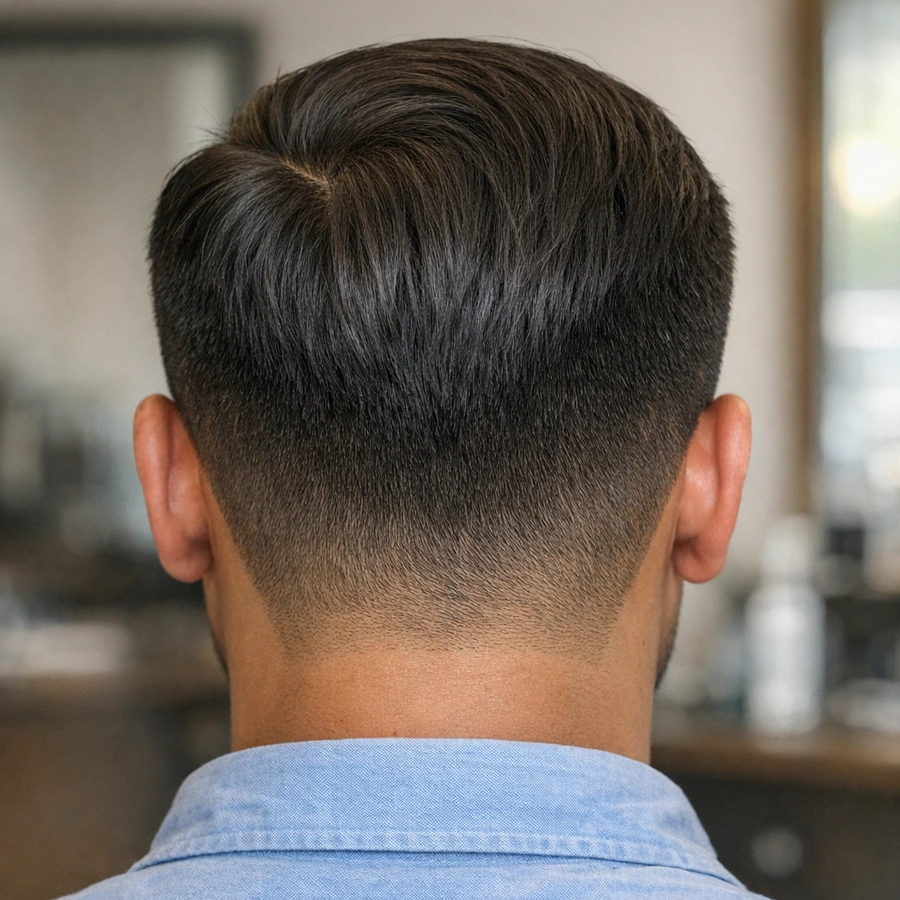 Side part haircut back profile with clean lower blend.