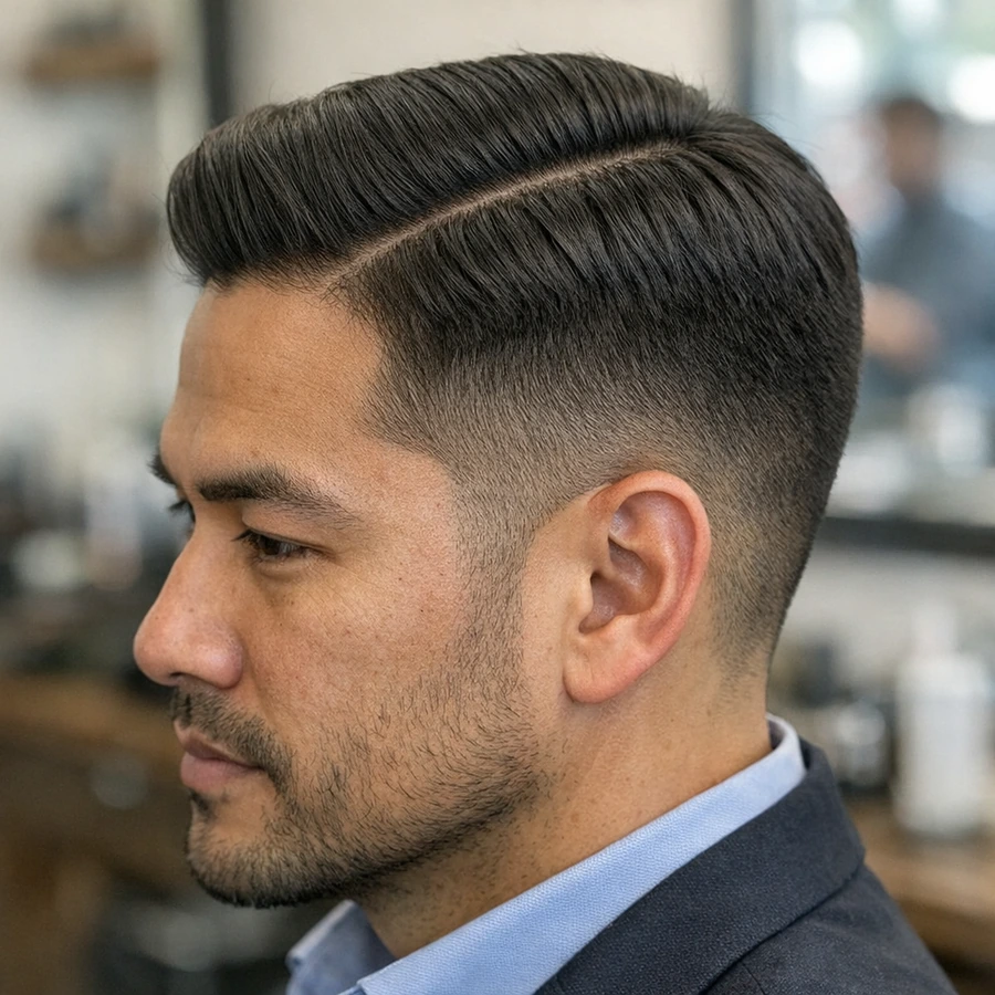 Side part haircut three-quarter profile for volume and structure.
