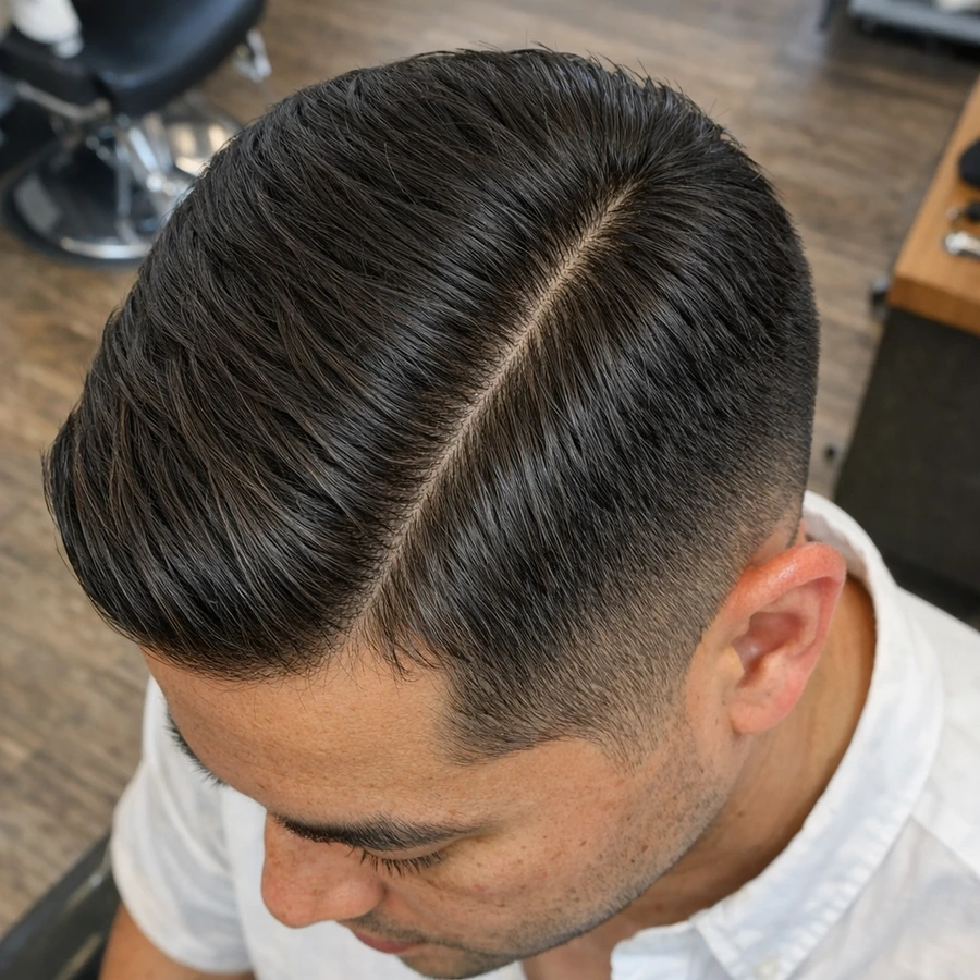 Side part haircut top view showing sectioning and part direction.