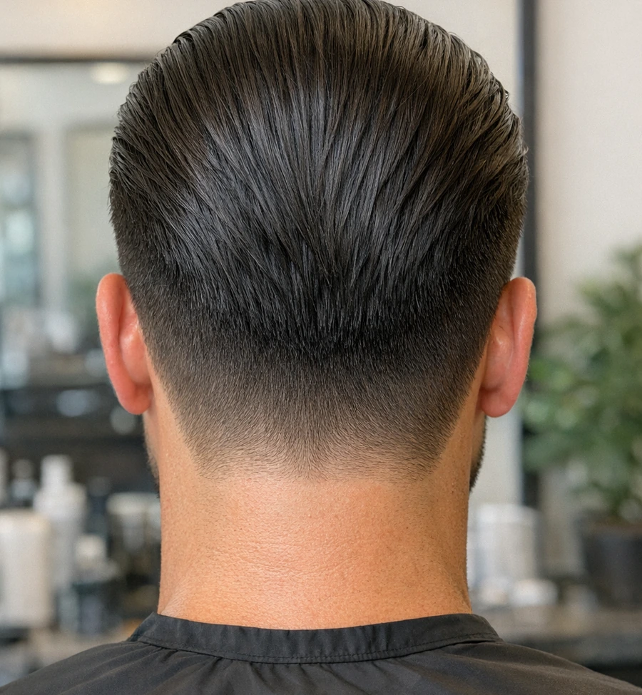 Slick back back profile with smooth crown and nape taper.