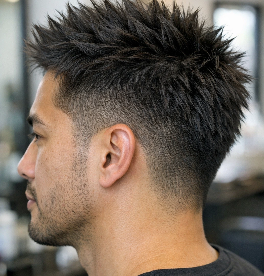 Spiky hair side profile showing spike direction and side taper.