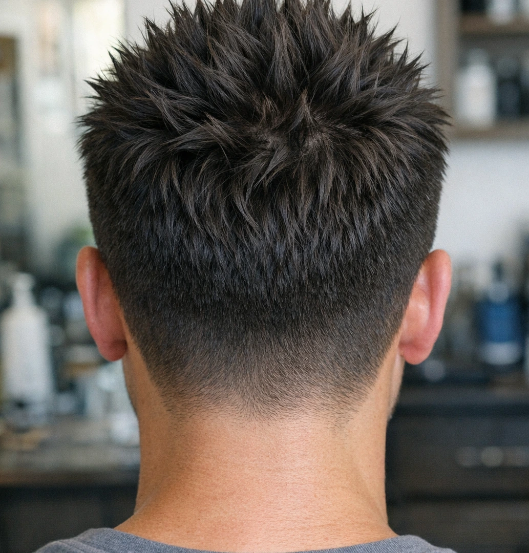 Spiky hair back profile showing crown texture and neckline finish.