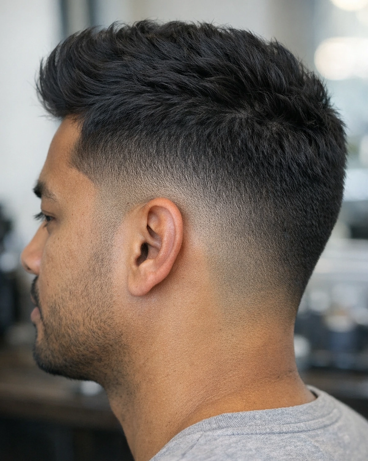 Taper fade side profile with gradual temple transition.