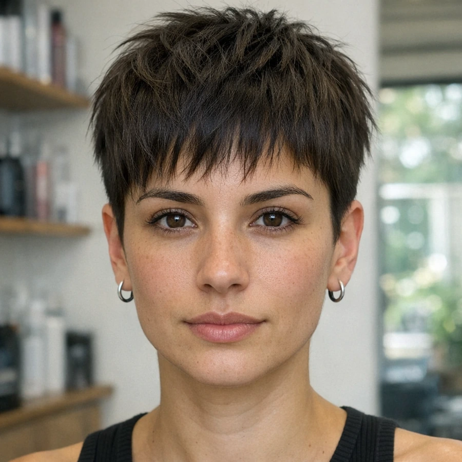 Women textured crop front profile with soft fringe and airy top texture.