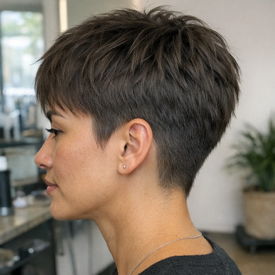 Women textured crop side profile showing tapered side and layered crown.