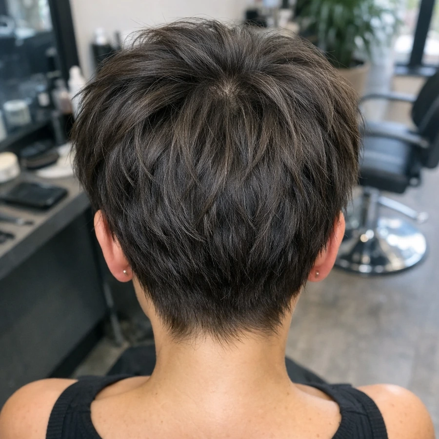 Women textured crop top view showing crown direction and piecey texture.