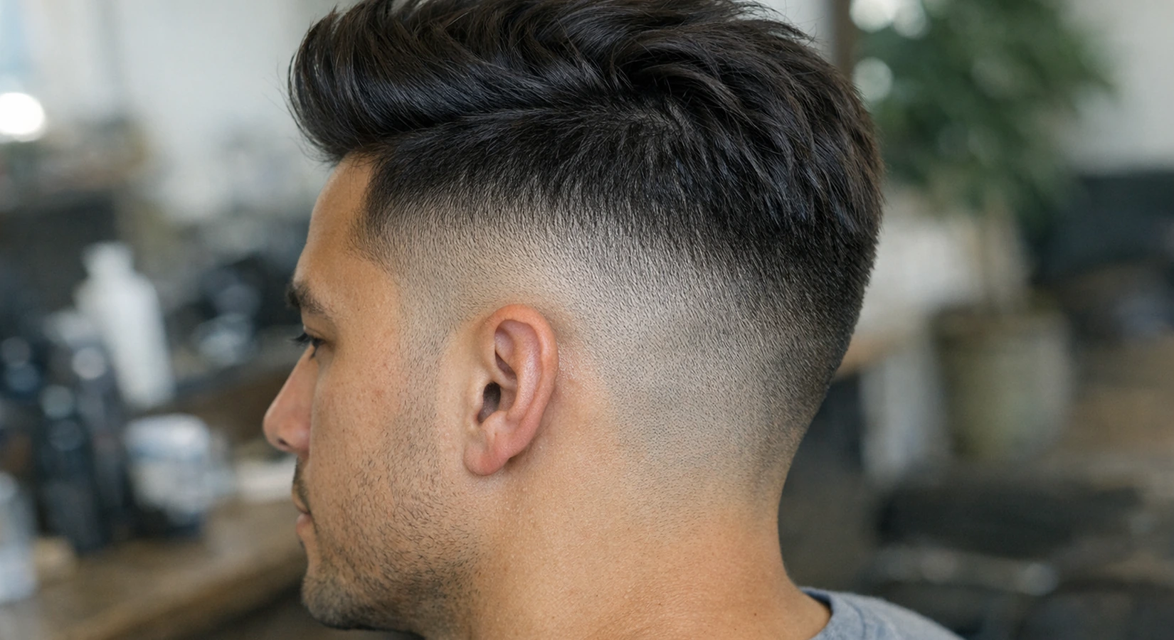 Undercut haircut side profile with fade transition and elevated camera angle.