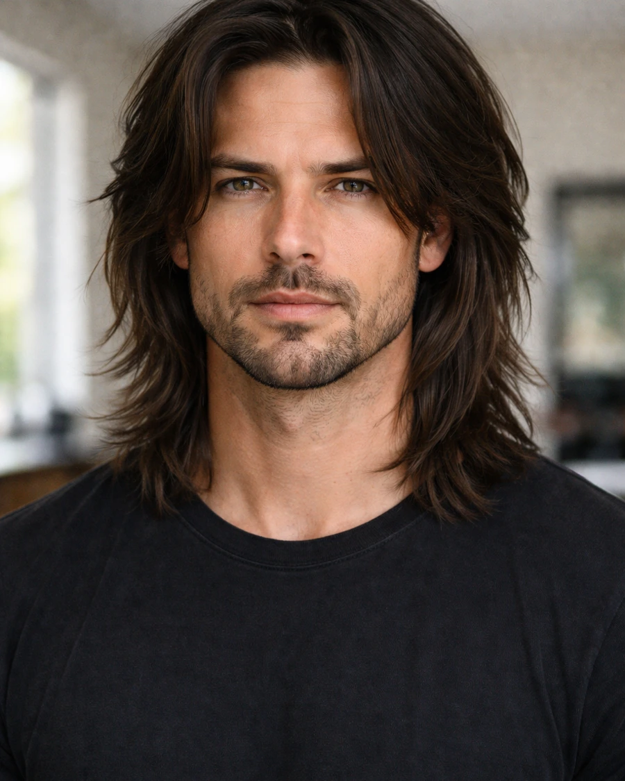 Warrior cut front profile with long layered flow and strong face framing.