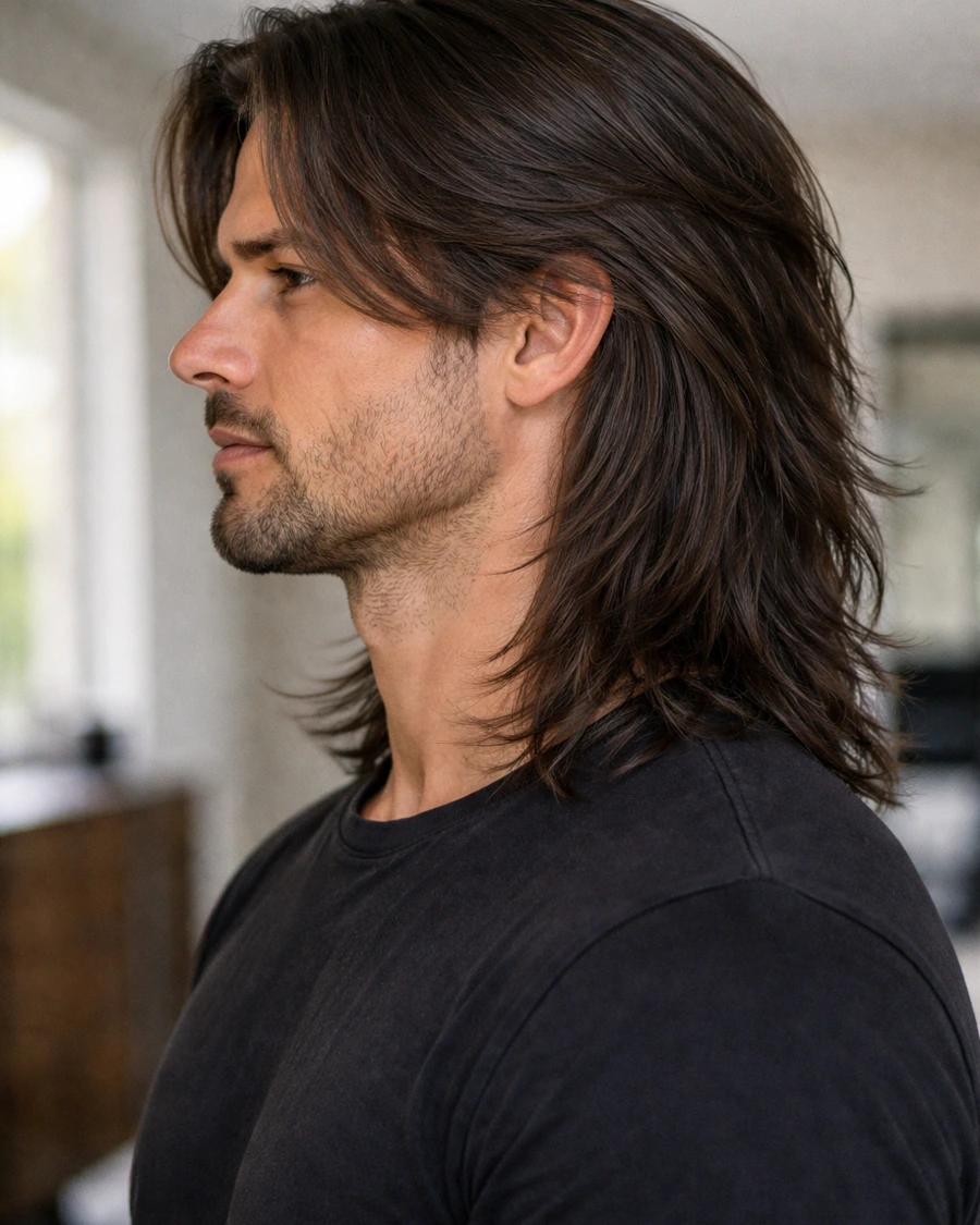 Warrior cut side profile showing shoulder-length layers and rugged silhouette.