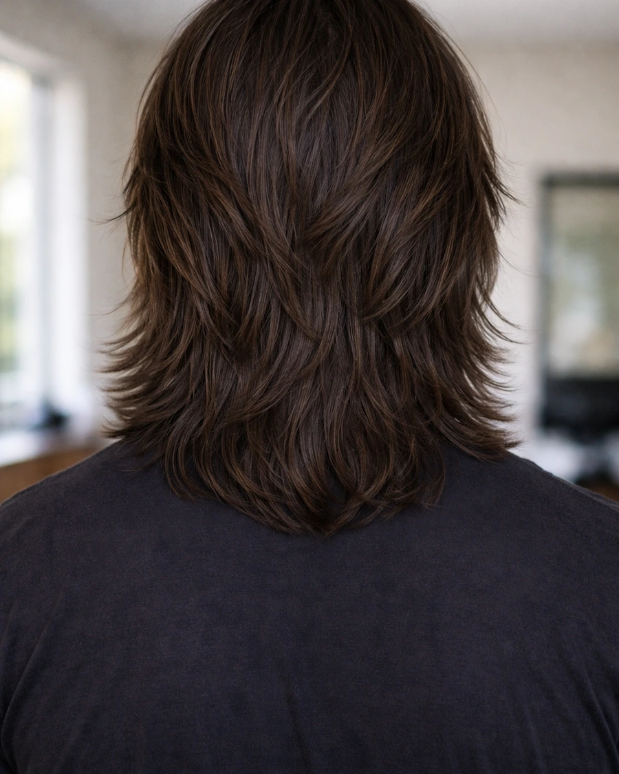 Warrior cut back profile with long layered movement and natural crown flow.