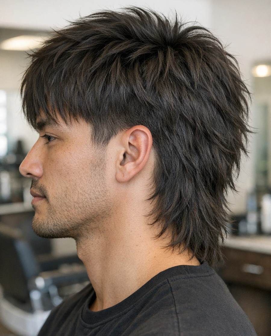 Wolf cut for men side profile showing shag layering and tapered side flow.