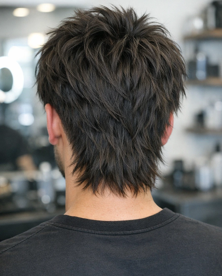 Wolf cut for men back profile with layered tail movement and neckline texture.