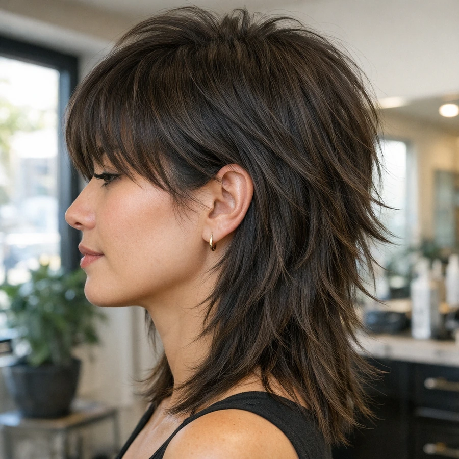 Wolf cut for women side profile showing cheekbone framing and textured layers.