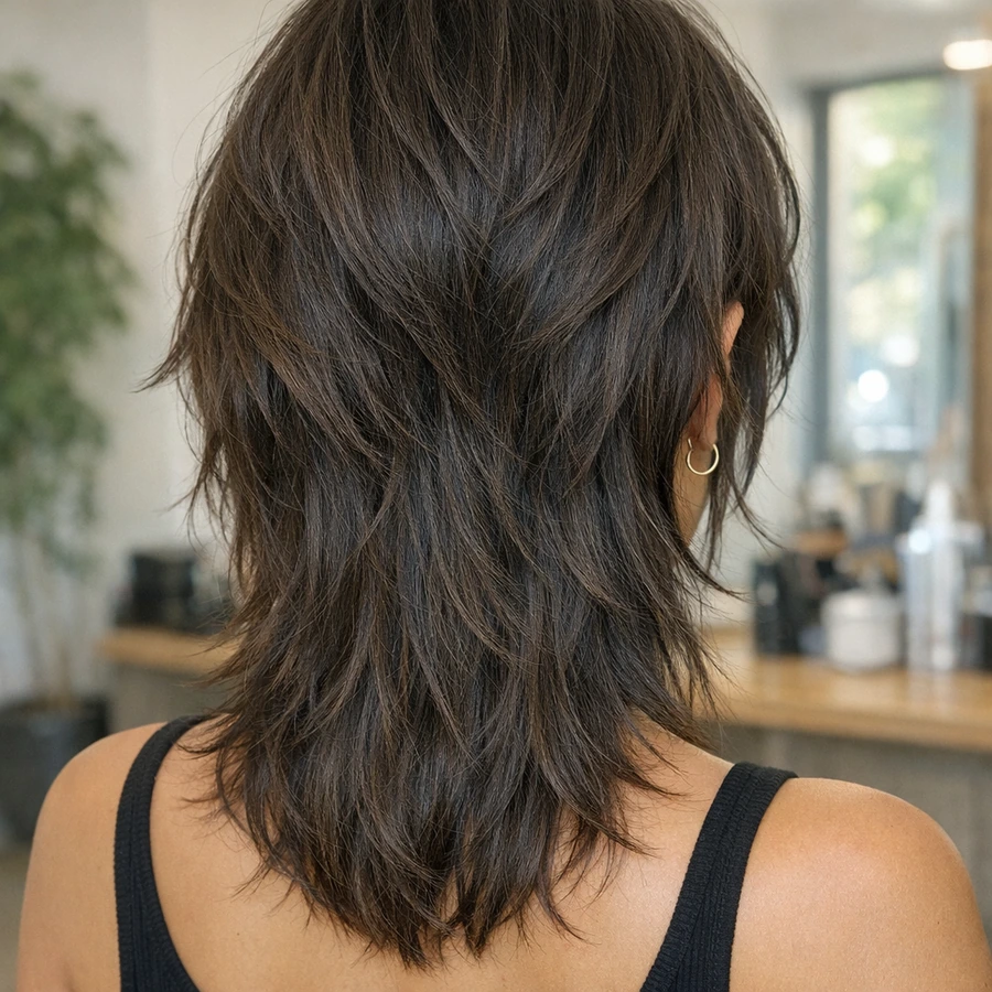 Wolf cut for women back profile with feathered length and crown movement.